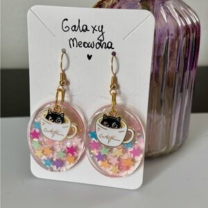 Galaxy Meowcha – Handmade Cat Resin Earrings with Pastel Stars, Jewelry Gift